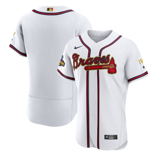 Men's Atlanta Braves Blank 2022 White/Gold World Series Champions Program Flex Base Stitched Baseball Jersey Men's Atlanta Braves Blank 2022 White/Gold World Series Champions Program Flex Base Stitched Baseball Jersey